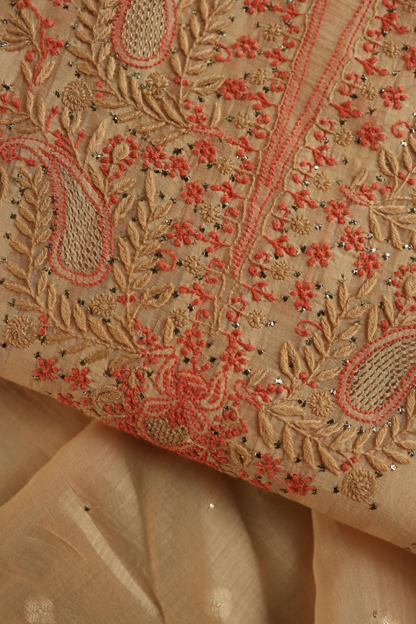 Orange Mal Chanderi Chikankari With Mukaish Line Unstitched Fabric