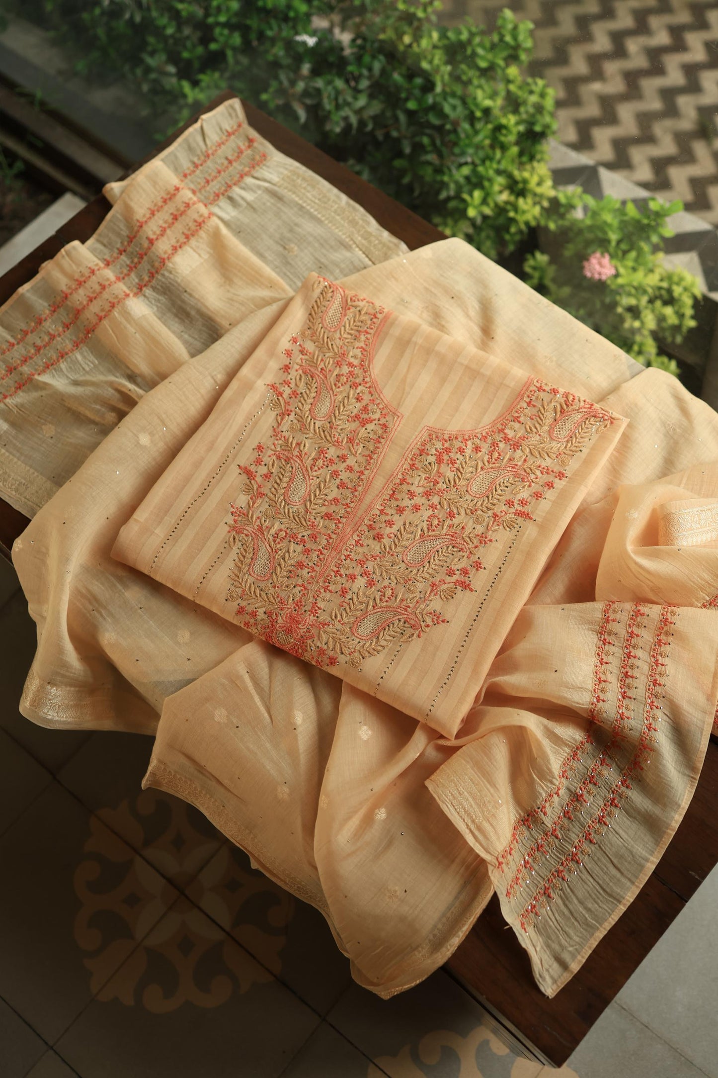 Orange Mal Chanderi Chikankari With Mukaish Line Unstitched Fabric
