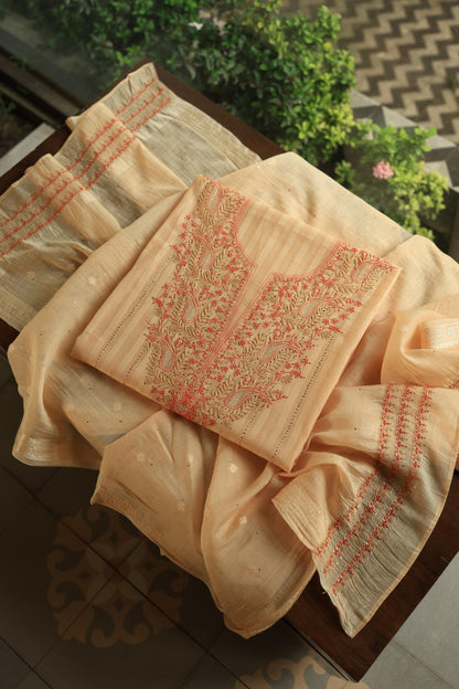 Orange Mal Chanderi Chikankari With Mukaish Line Unstitched Fabric