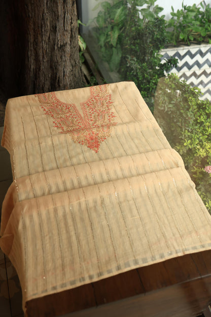 Orange Mal Chanderi Chikankari With Mukaish Line Unstitched Fabric