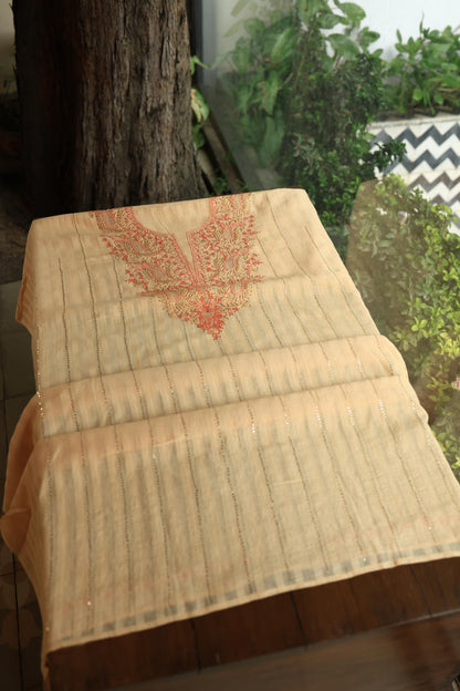 Orange Mal Chanderi Chikankari With Mukaish Line Unstitched Fabric