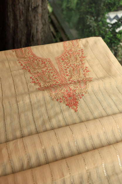 Orange Mal Chanderi Chikankari With Mukaish Line Unstitched Fabric