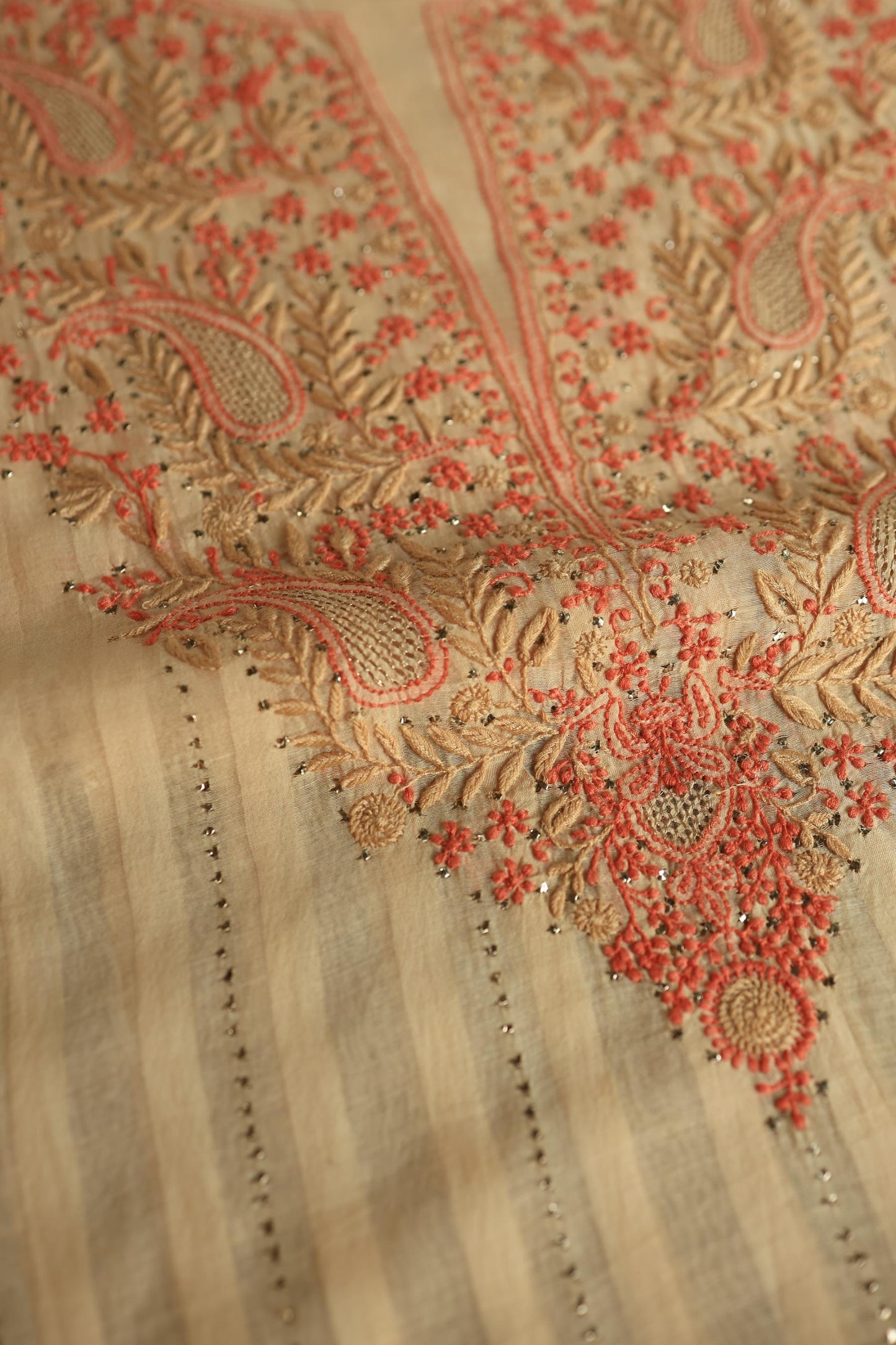 Orange Mal Chanderi Chikankari With Mukaish Line Unstitched Fabric