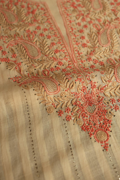 Orange Mal Chanderi Chikankari With Mukaish Line Unstitched Fabric