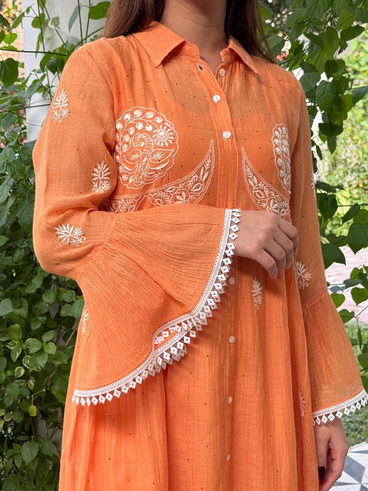 Orange Mal chikankari Dress With Bell Sleeves