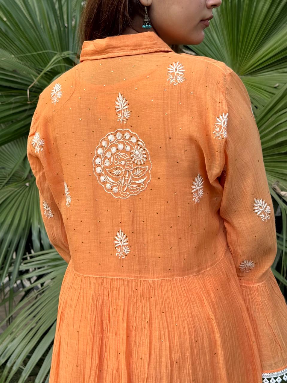 Orange Mal chikankari Dress With Bell Sleeves