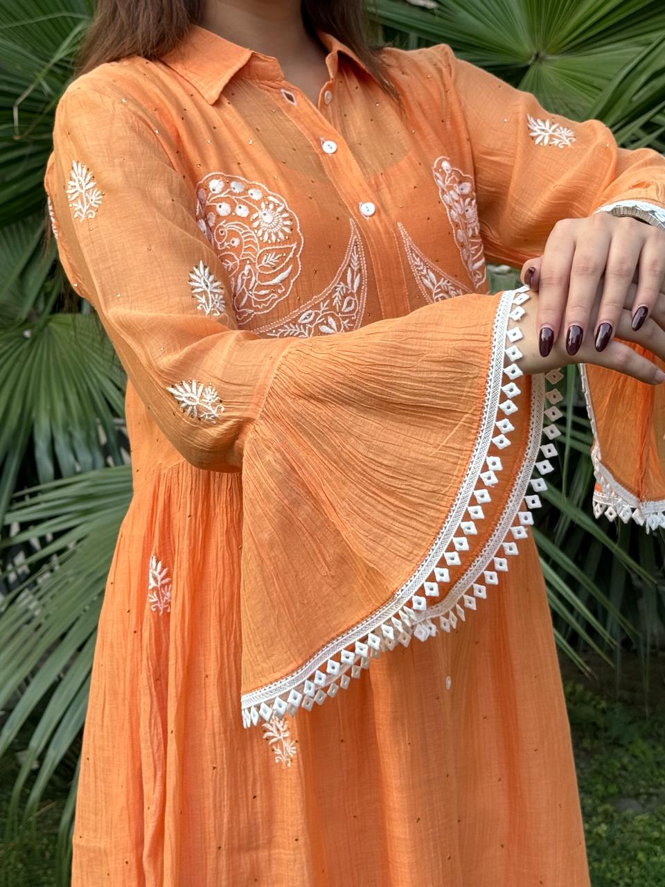 Orange Mal chikankari Dress With Bell Sleeves