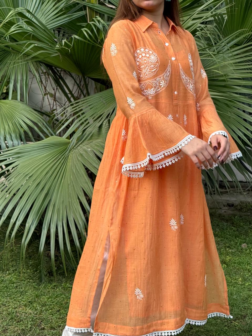 Orange Mal chikankari Dress With Bell Sleeves
