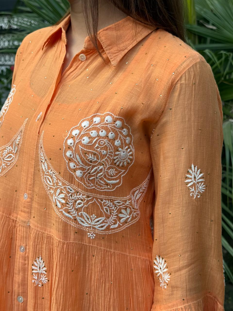 Orange Mal chikankari Dress With Bell Sleeves