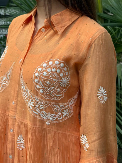 Orange Mal chikankari Dress With Bell Sleeves