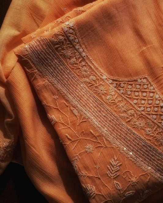 Orange Mul Chanderi Silk Chikankari With Sequins Unstitched Fabric