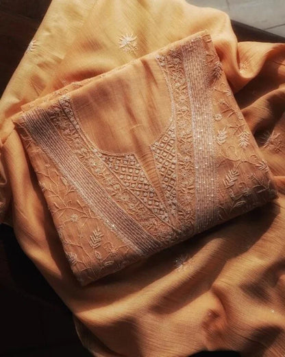 Orange Mul Chanderi Silk Chikankari With Sequins Unstitched Fabric