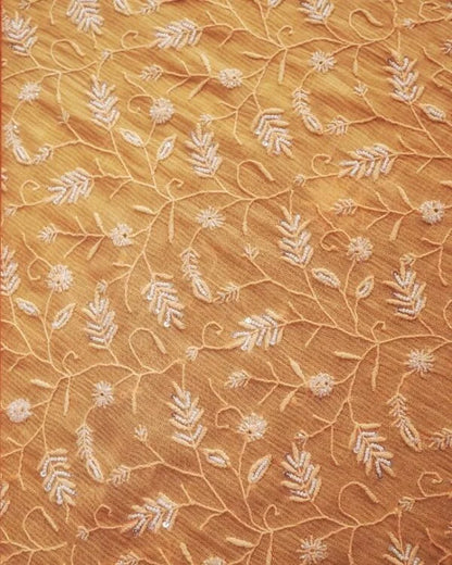 Orange Mul Chanderi Silk Chikankari With Sequins Unstitched Fabric