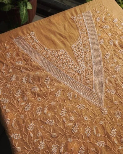 Orange Mul Chanderi Silk Chikankari With Sequins Unstitched Fabric