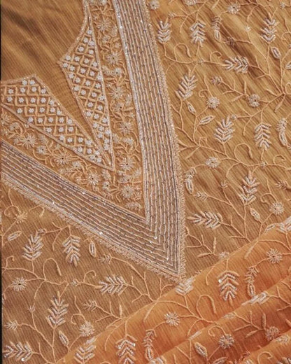 Orange Mul Chanderi Silk Chikankari With Sequins Unstitched Fabric