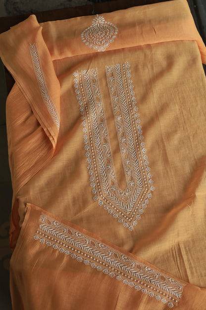 Orange Mulmul Chikankari Unstitched Men's Kurtas Fabric