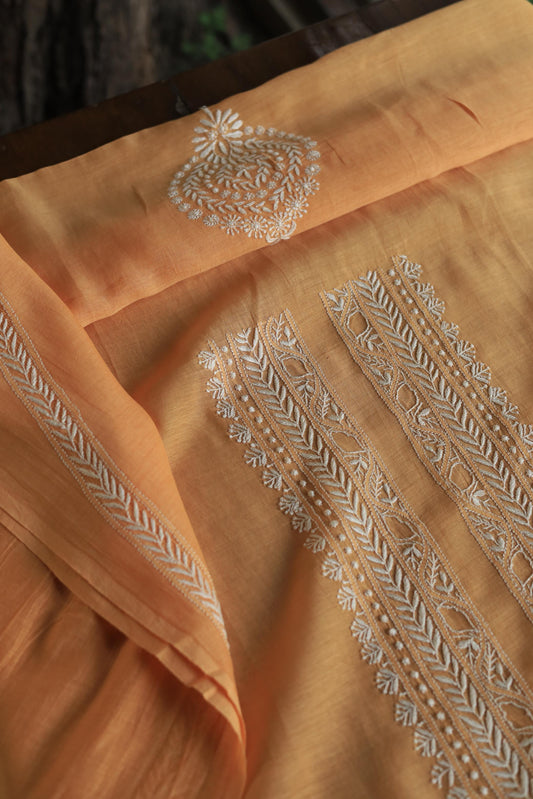 Orange Mulmul Chikankari Unstitched Men's Kurtas Fabric