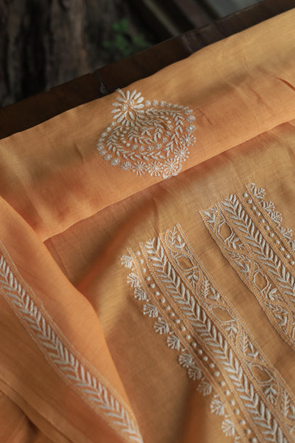 Orange Mulmul Chikankari Unstitched Men's Kurtas Fabric