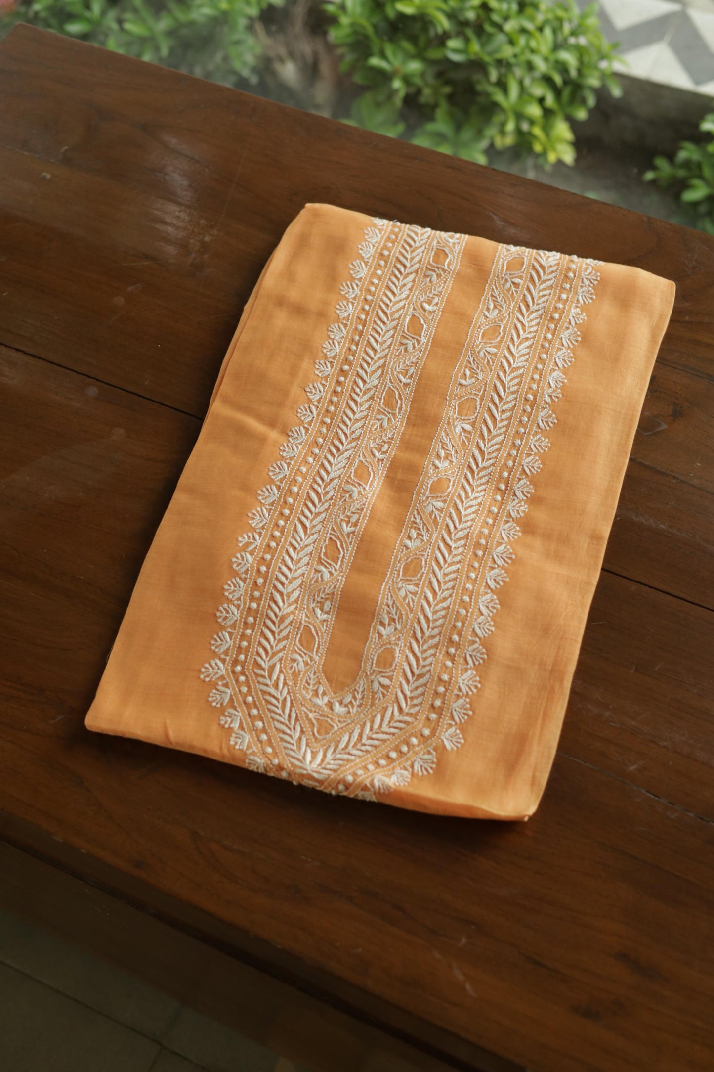 Orange Mulmul Chikankari Unstitched Men's Kurtas Fabric