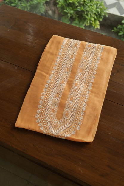 Orange Mulmul Chikankari Unstitched Men's Kurtas Fabric