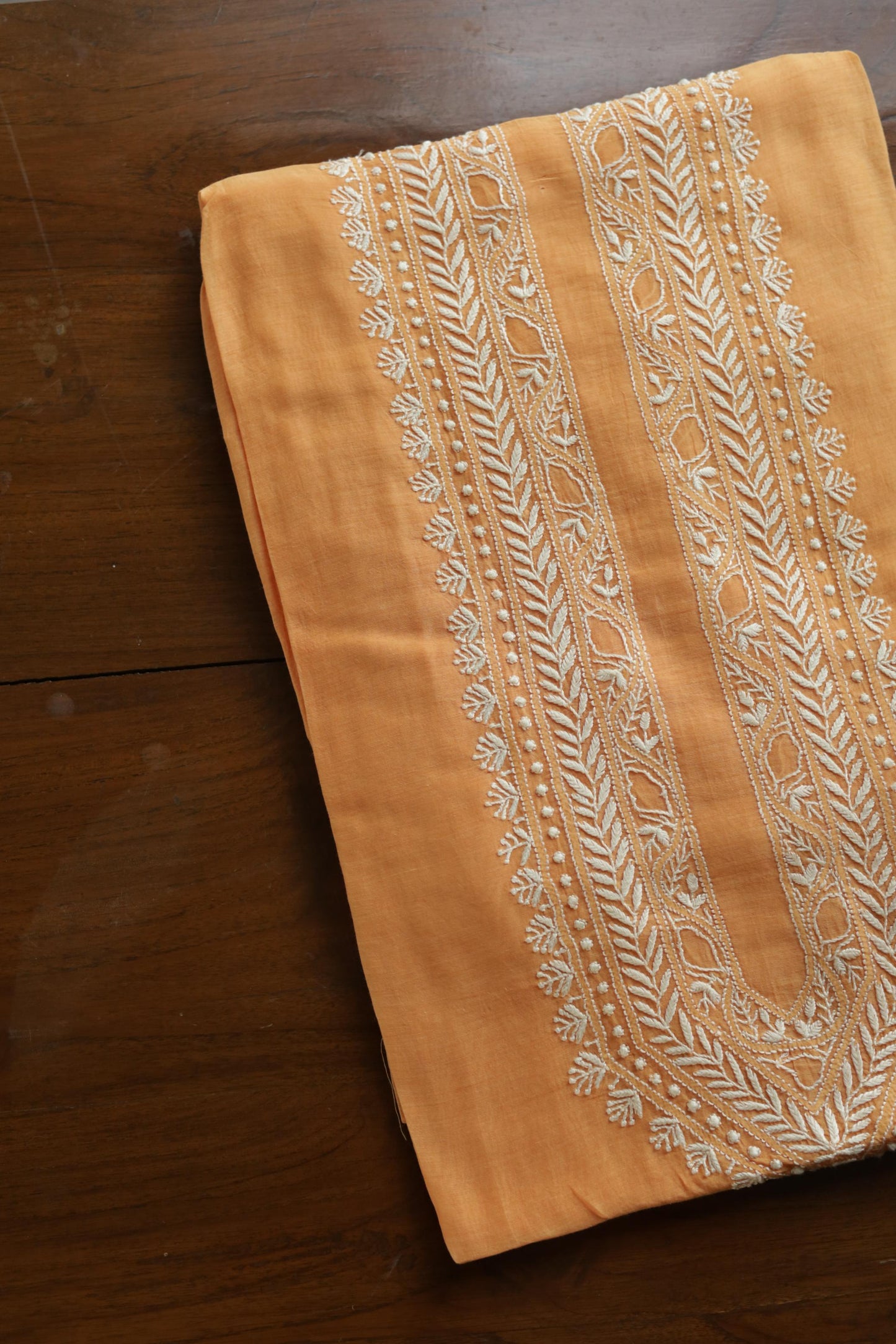 Orange Mulmul Chikankari Unstitched Men's Kurtas Fabric