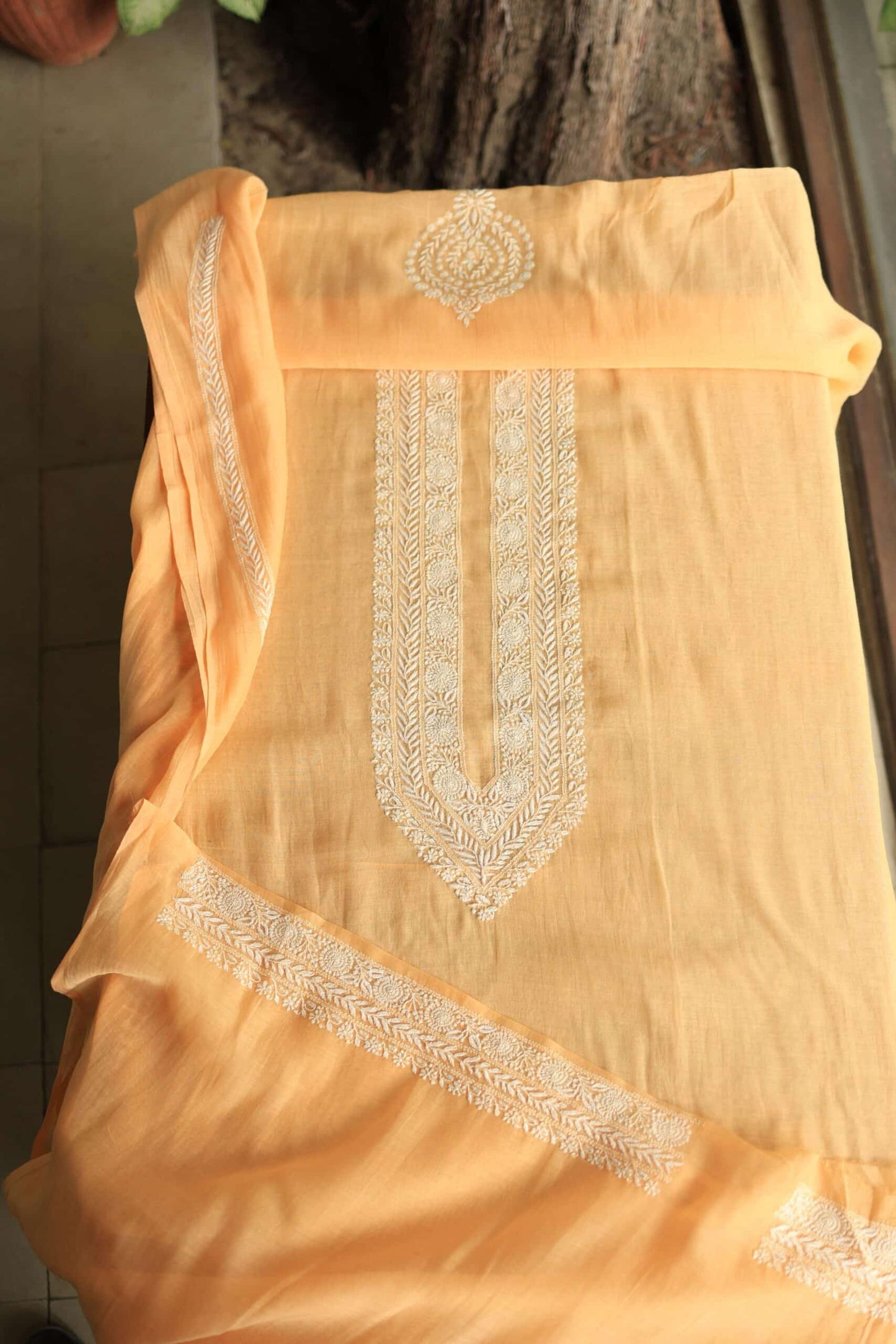 Orange Mulmul Chikankari Unstitched Men's Kurtas Fabrics