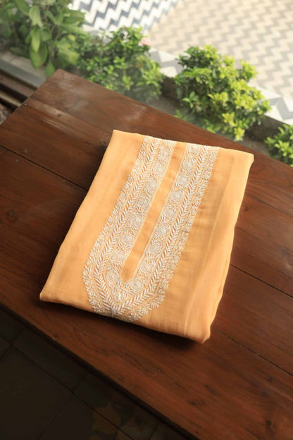 Orange Mulmul Chikankari Unstitched Men's Kurtas Fabrics
