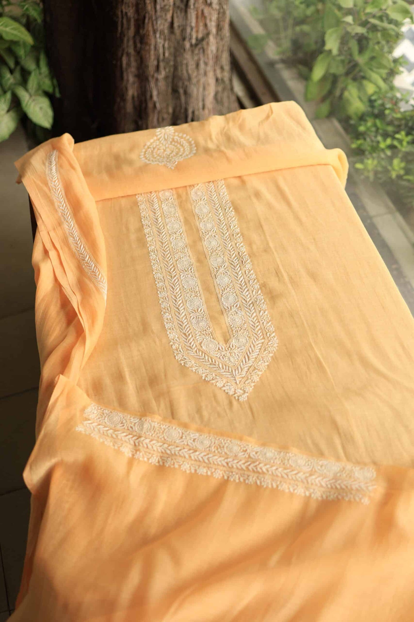 Orange Mulmul Chikankari Unstitched Men's Kurtas Fabrics