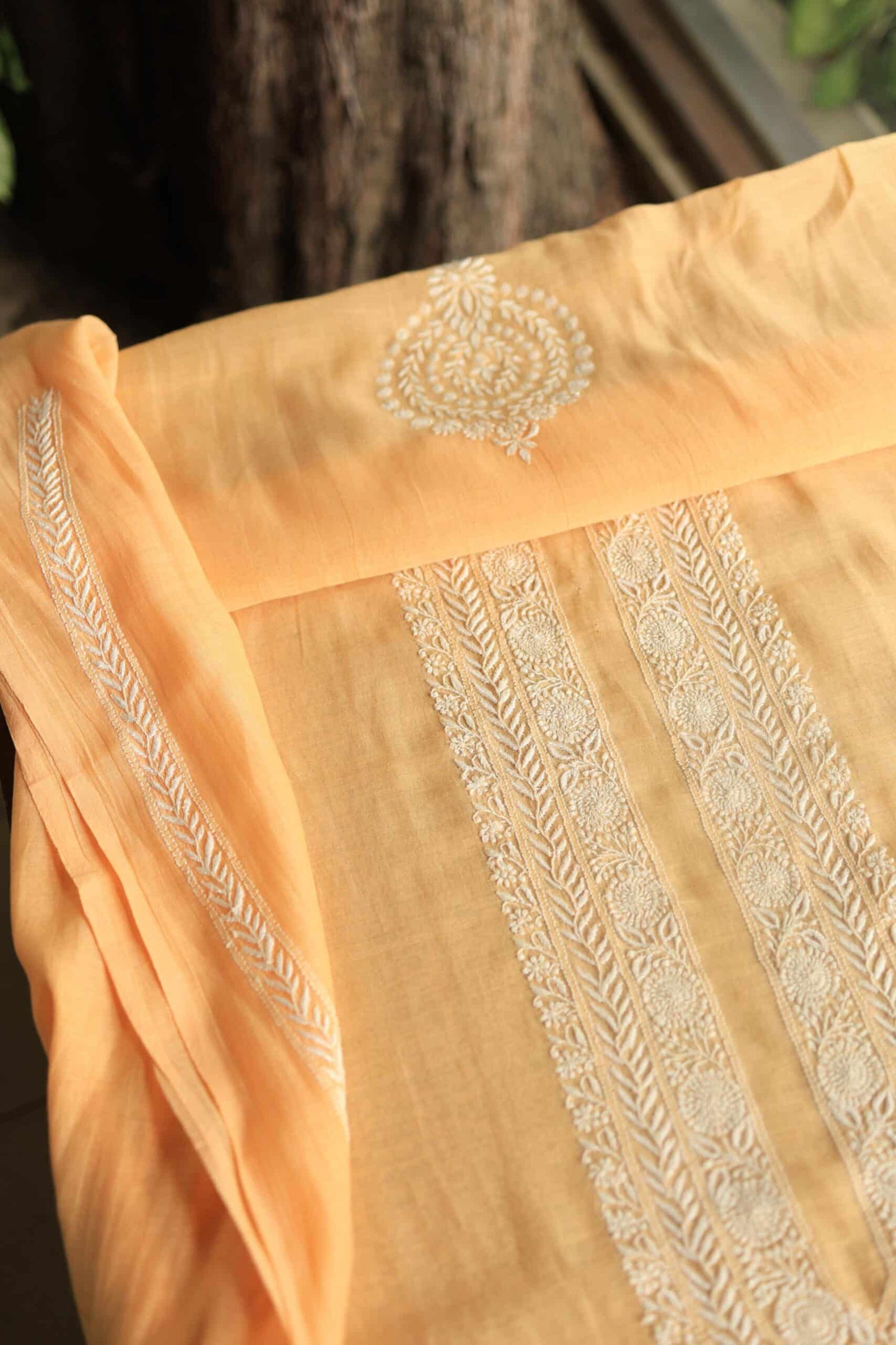 Orange Mulmul Chikankari Unstitched Men's Kurtas Fabrics