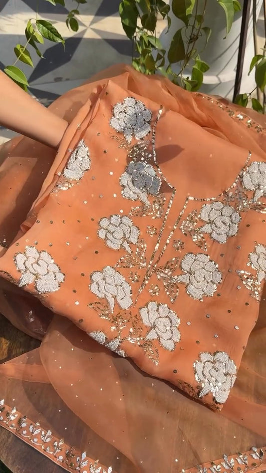 Orange Noor Organza Silk Mukaish Pearl Chikankari Unstitched Fabric