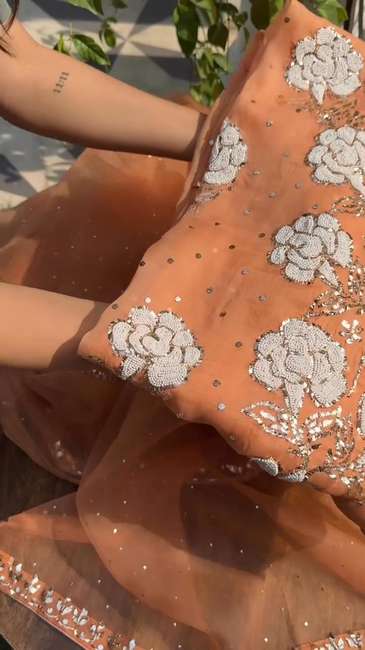 Orange Noor Organza Silk Mukaish Pearl Chikankari Unstitched Fabric