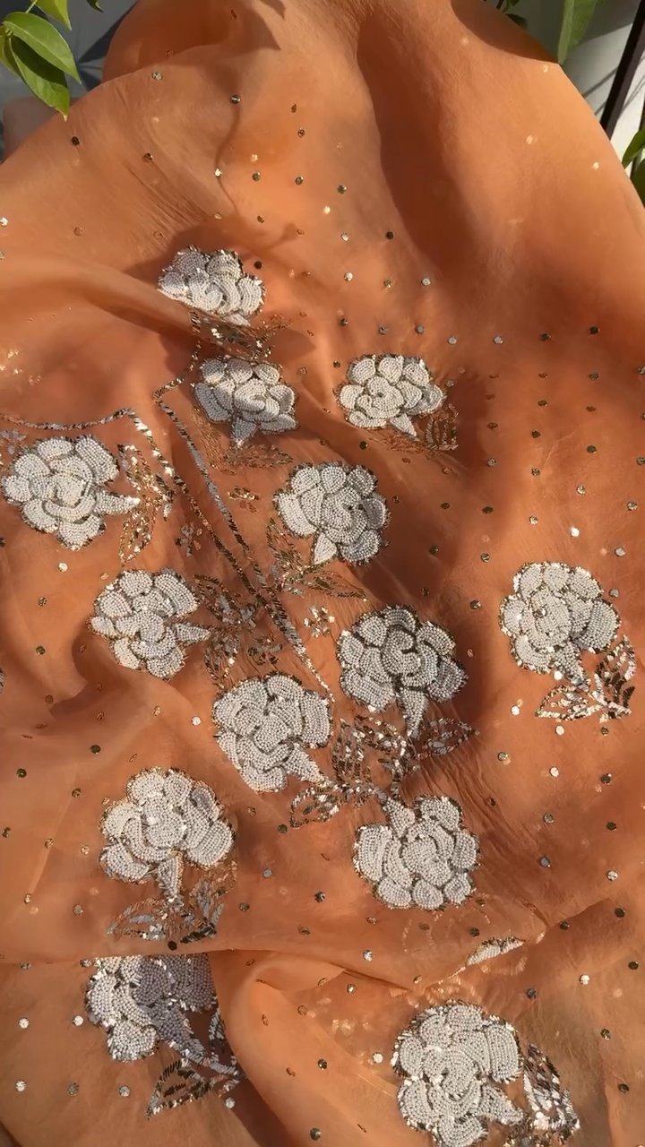 Orange Noor Organza Silk Mukaish Pearl Chikankari Unstitched Fabric