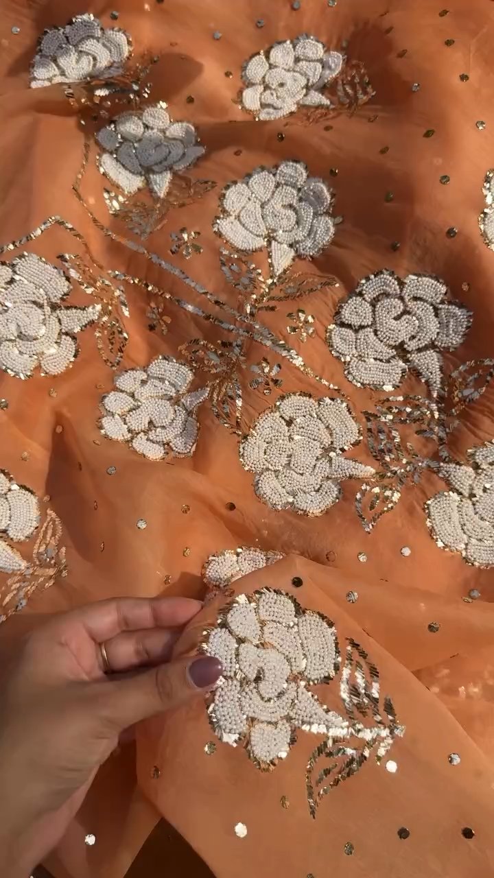 Orange Noor Organza Silk Mukaish Pearl Chikankari Unstitched Fabric
