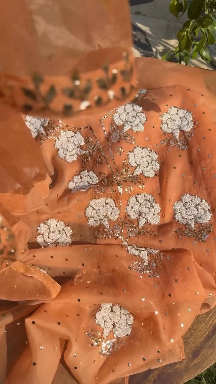Orange Noor Organza Silk Mukaish Pearl Chikankari Unstitched Fabric
