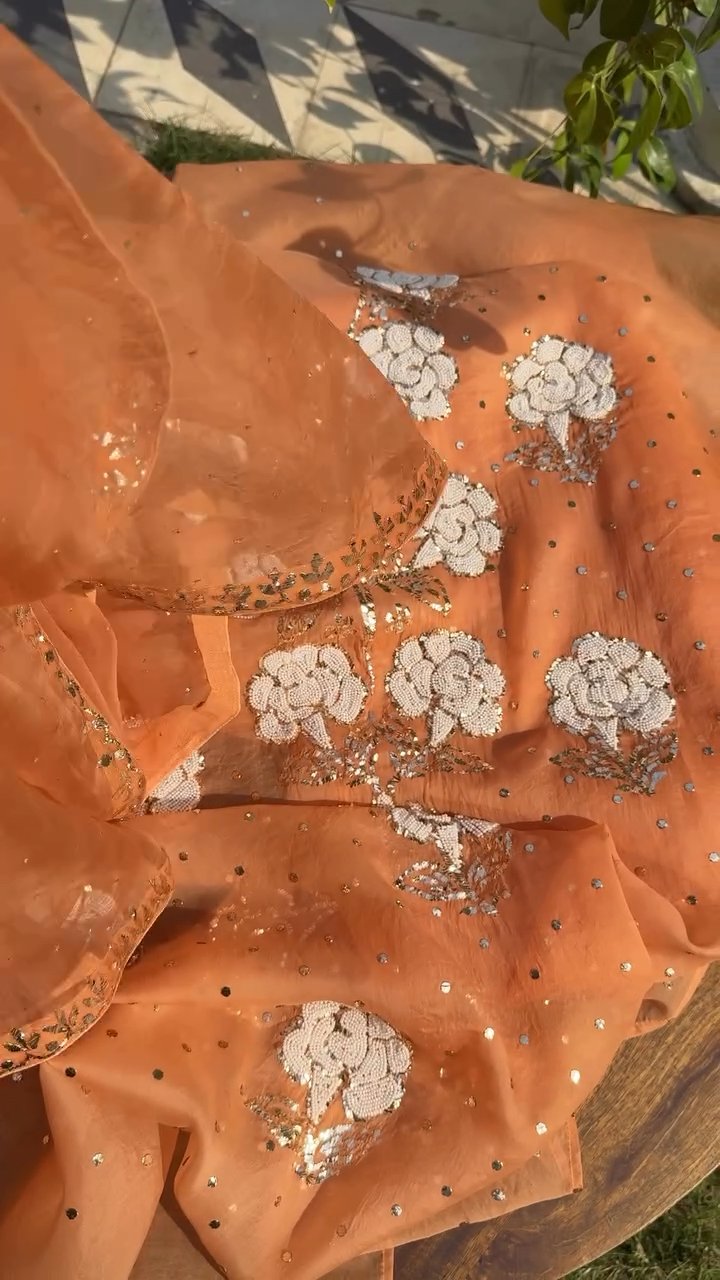 Orange Noor Organza Silk Mukaish Pearl Chikankari Unstitched Fabric
