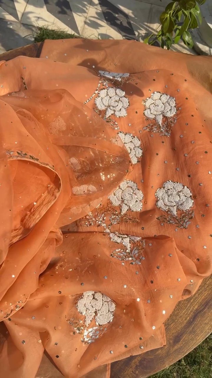Orange Noor Organza Silk Mukaish Pearl Chikankari Unstitched Fabric