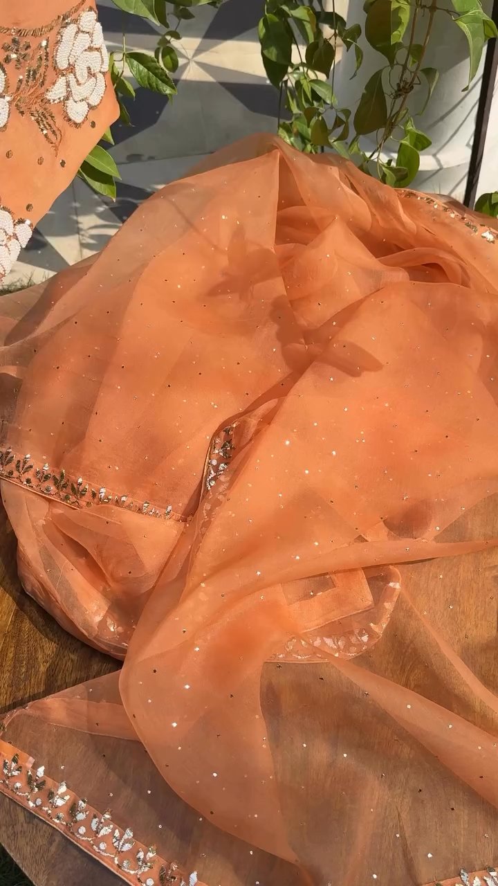 Orange Noor Organza Silk Mukaish Pearl Chikankari Unstitched Fabric
