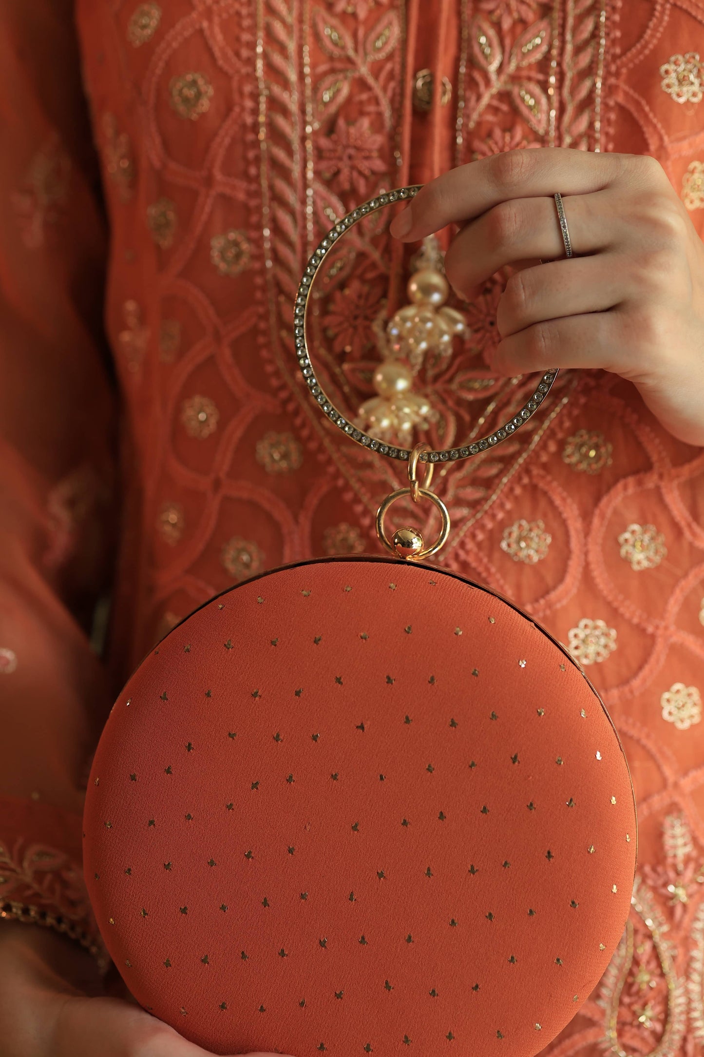 Orange Pure Georgette Mukaish Kamdani Sling Clutch
