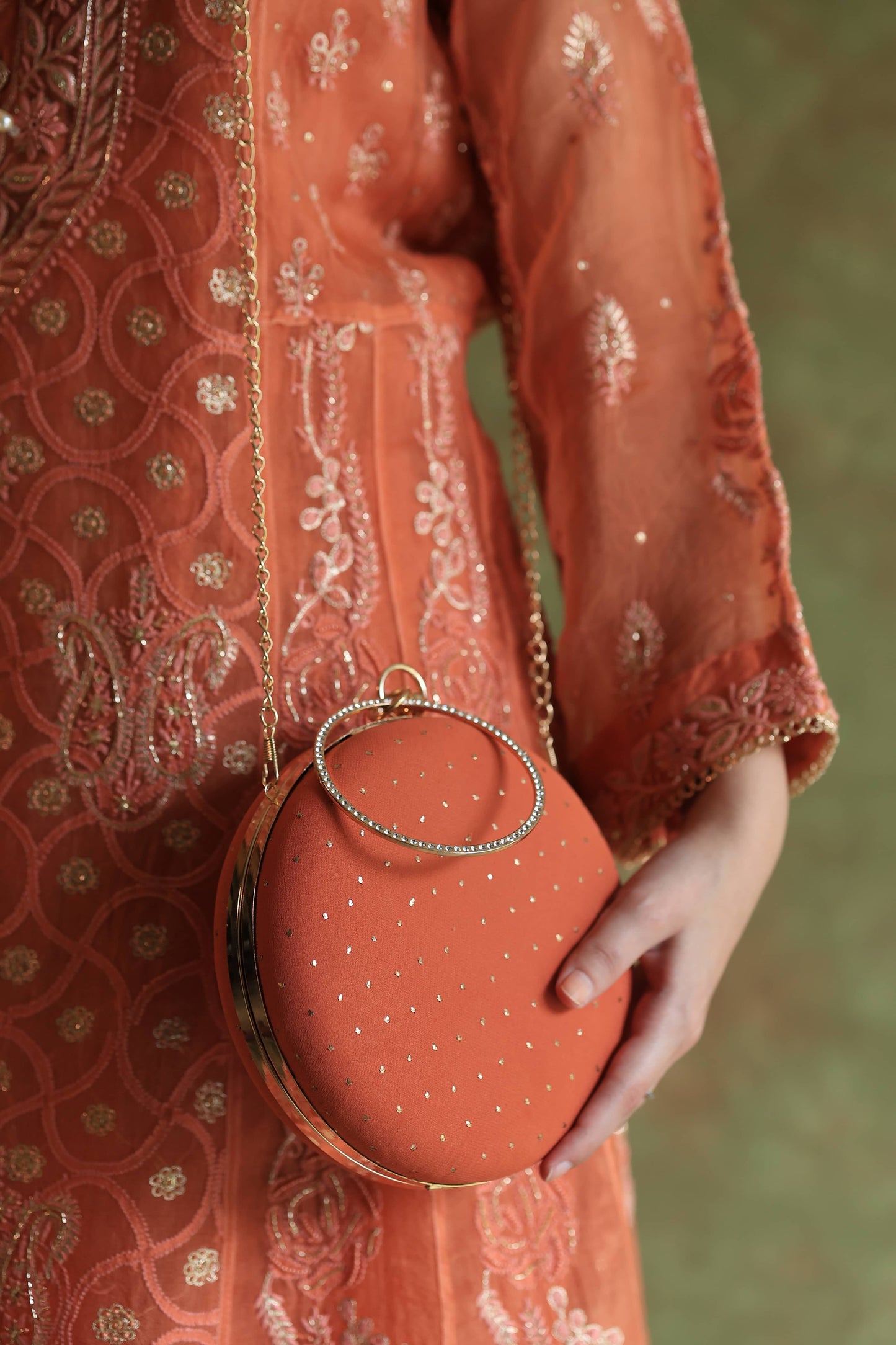 Orange Pure Georgette Mukaish Kamdani Sling Clutch