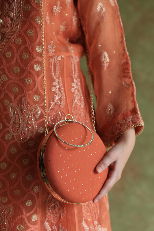 Orange Pure Georgette Mukaish Kamdani Sling Clutch