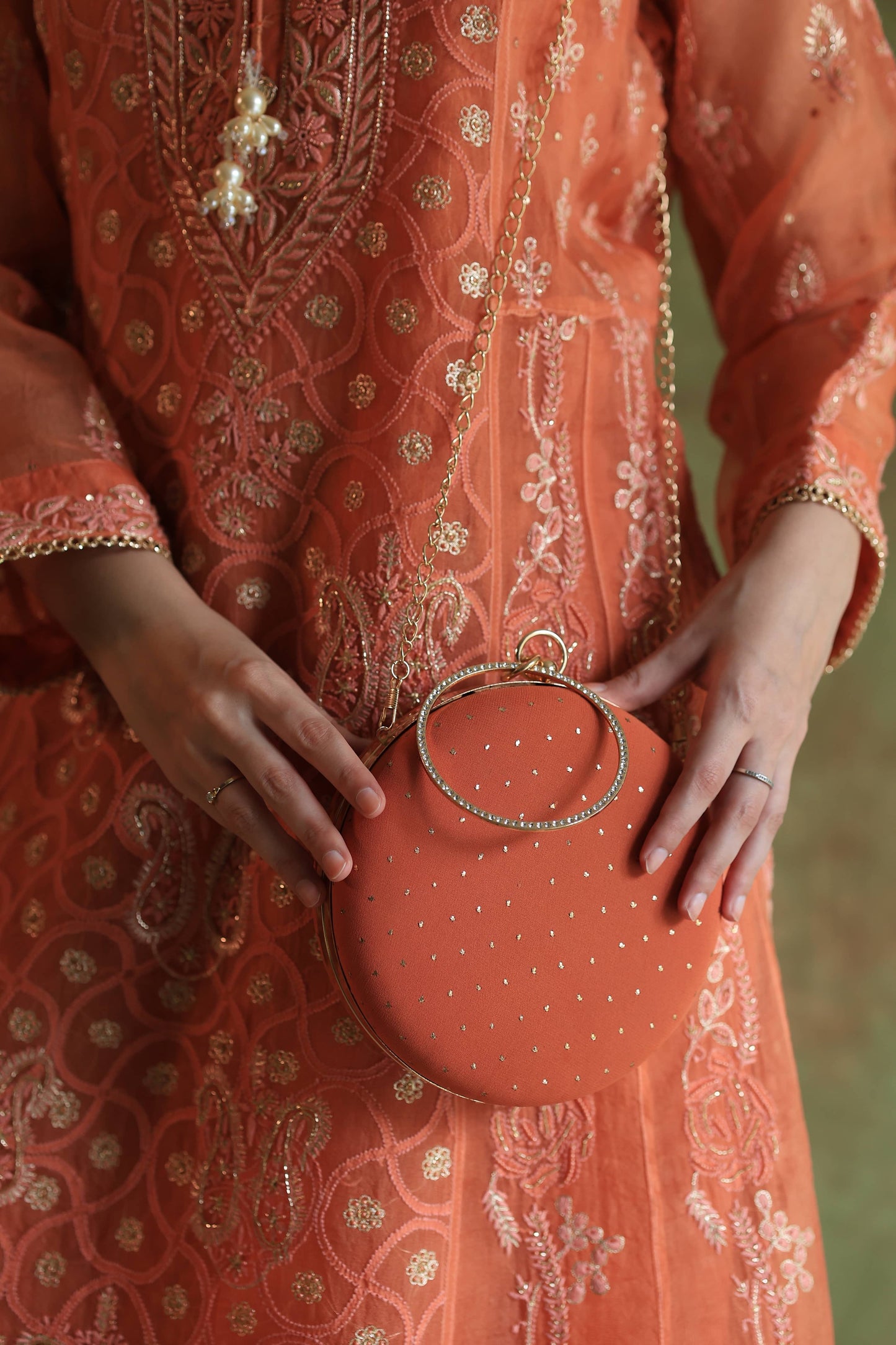 Orange Pure Georgette Mukaish Kamdani Sling Clutch