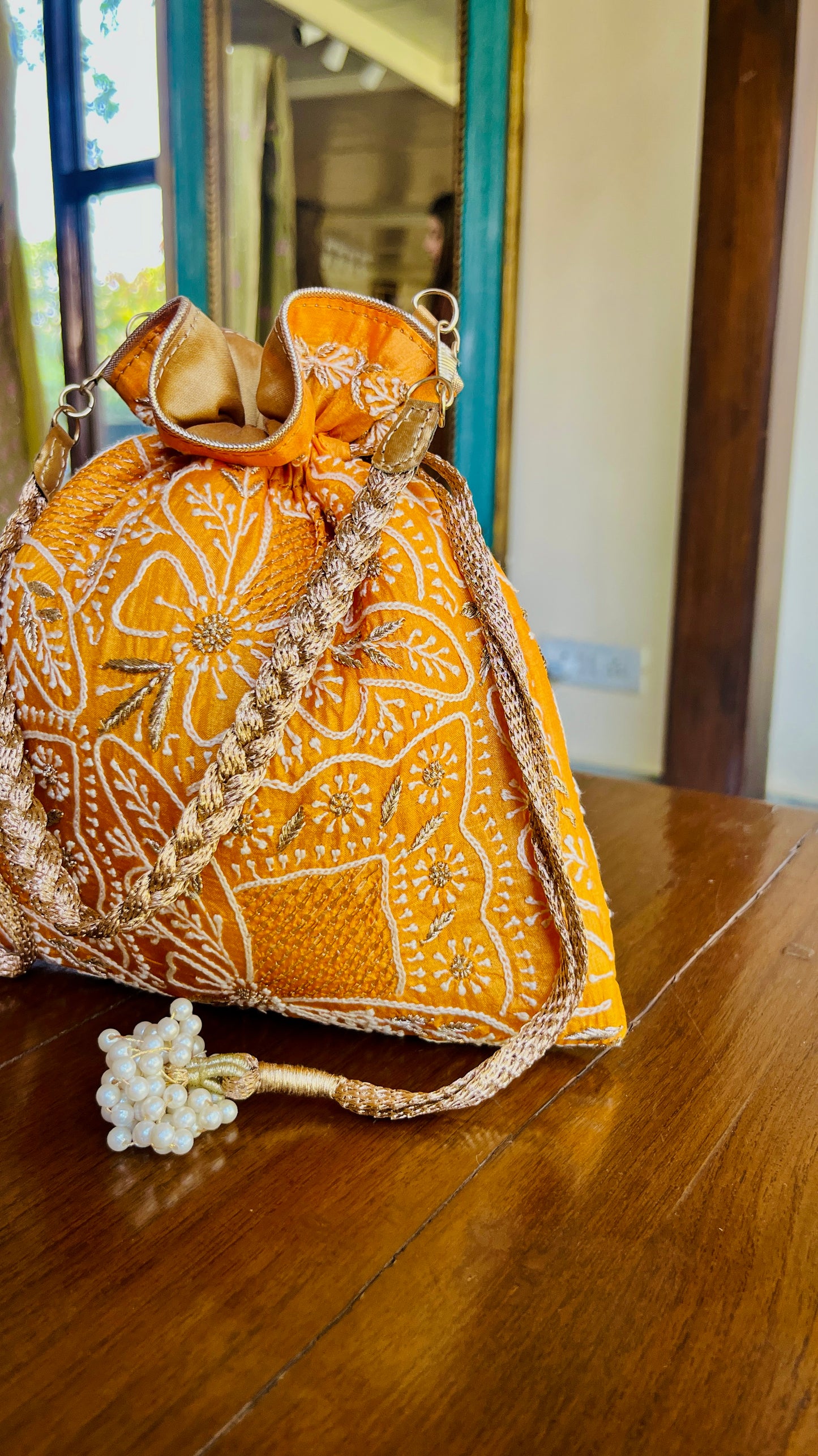 Orange Raw Silk Chikankari Polti Bags