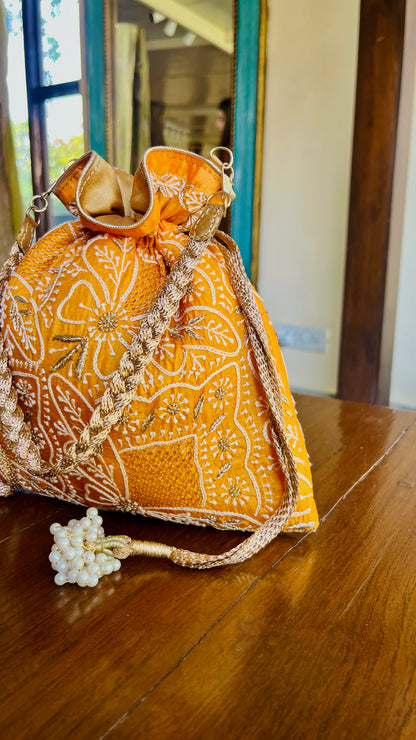 Orange Raw Silk Chikankari Polti Bags