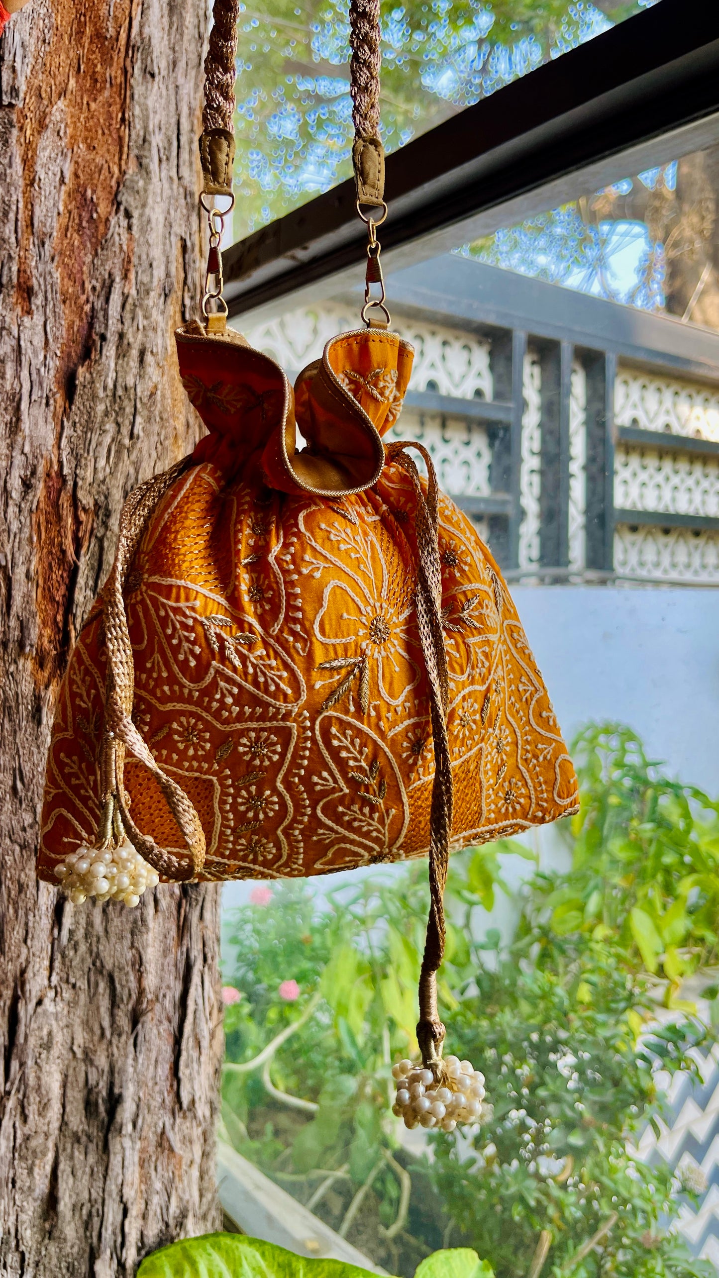 Orange Raw Silk Chikankari Polti Bags