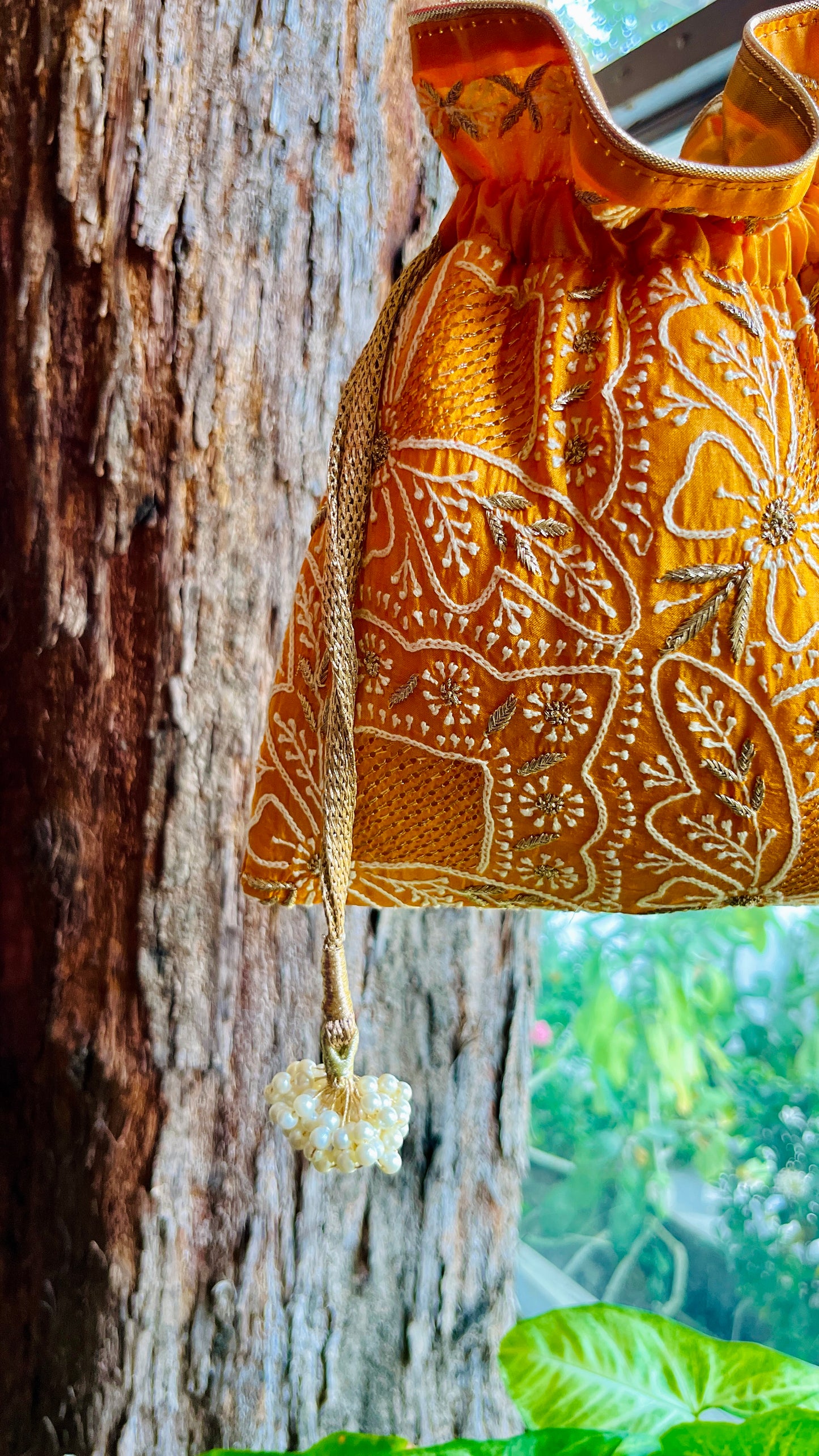 Orange Raw Silk Chikankari Polti Bags