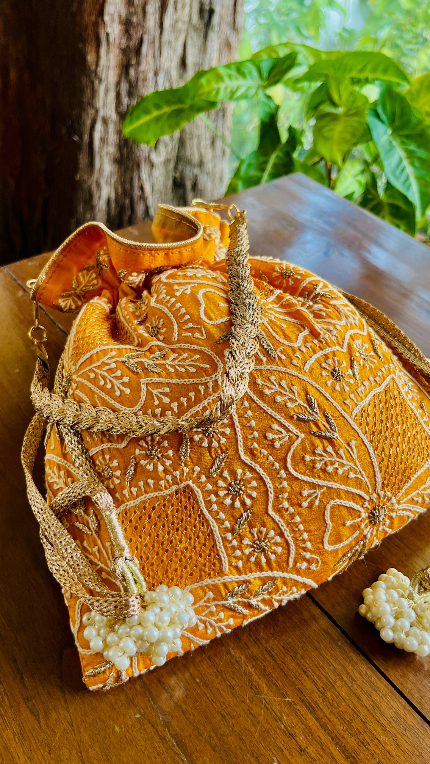 Orange Raw Silk Chikankari Polti Bags