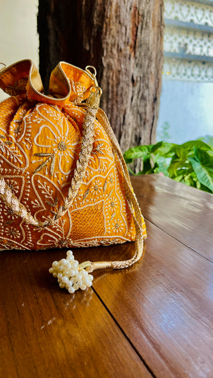 Orange Raw Silk Chikankari Polti Bags