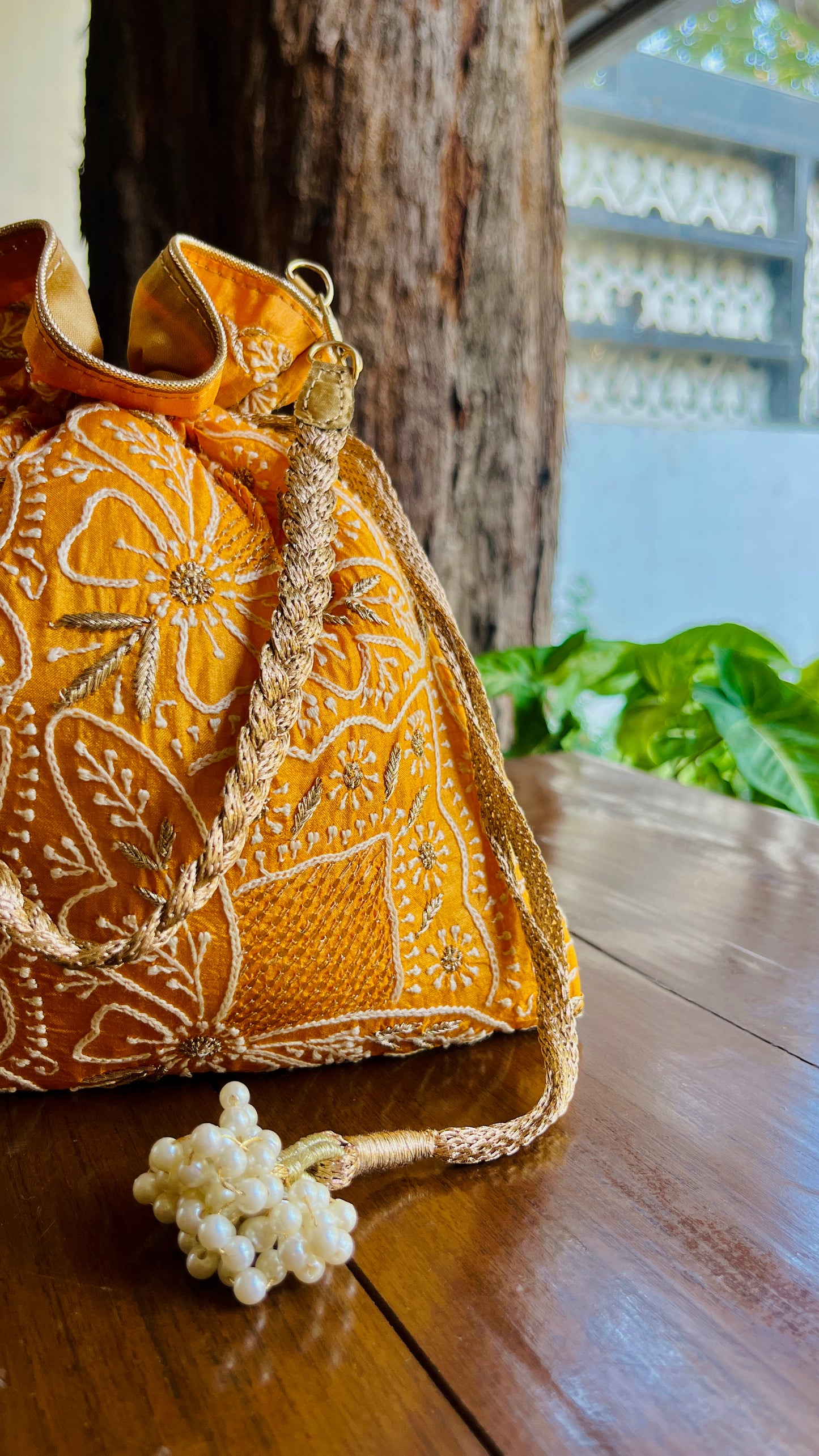 Orange Raw Silk Chikankari Polti Bags