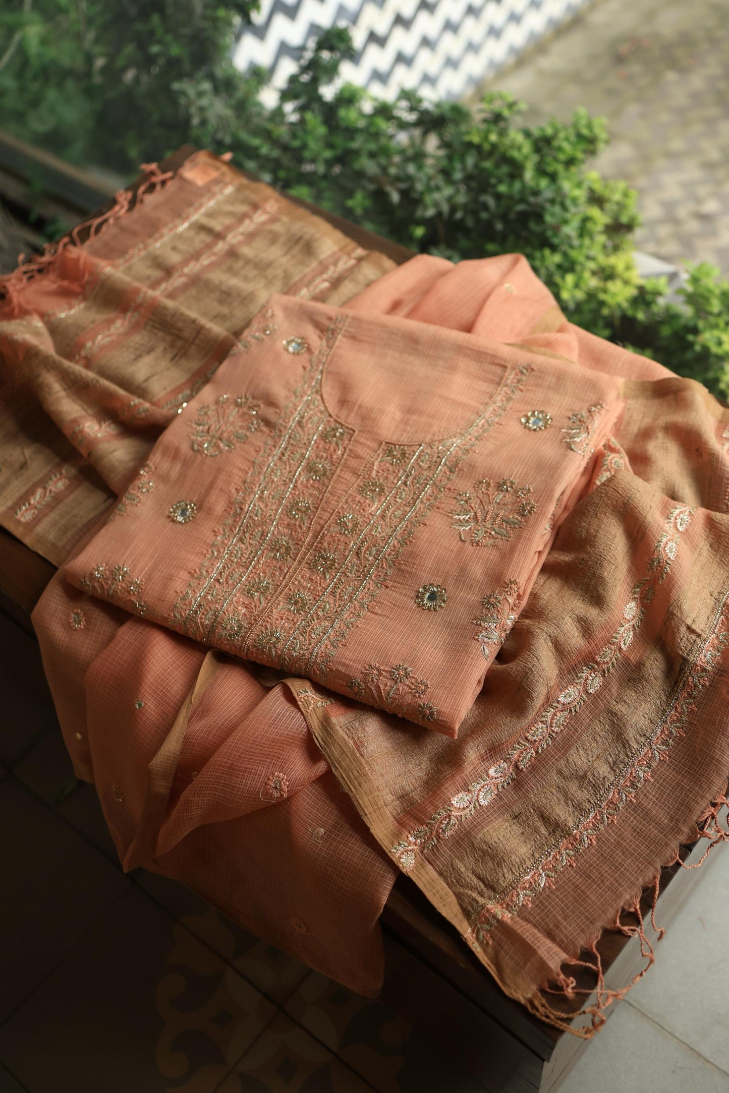 Orange Salmon Handloom Kota Chikankari With Mirror Work Unstitched Kurta Dupatta Set