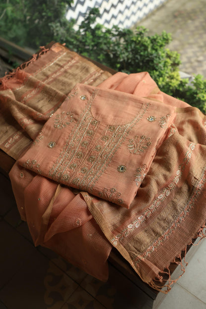 Orange Salmon Handloom Kota Chikankari With Mirror Work Unstitched Kurta Dupatta Set